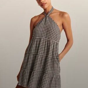 Abercrombie Black and White Gingham Trapeze Halter Mini Dress | Size M